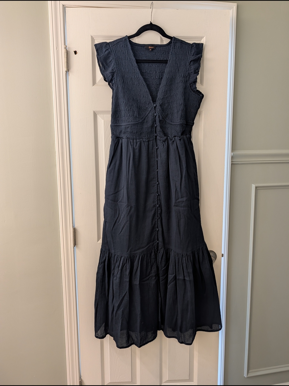 Quince Organic Textured Cotton Smocked V Neck Midi Dress